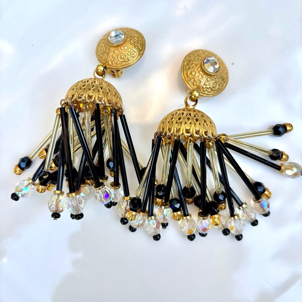 New, Vintage 80’s Elegant Gold Filigree Chandelier Crystal Statement Earrings